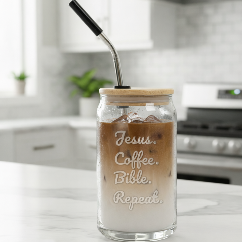 Jesus, Coffee, Bible, Repeat - Can Glass
